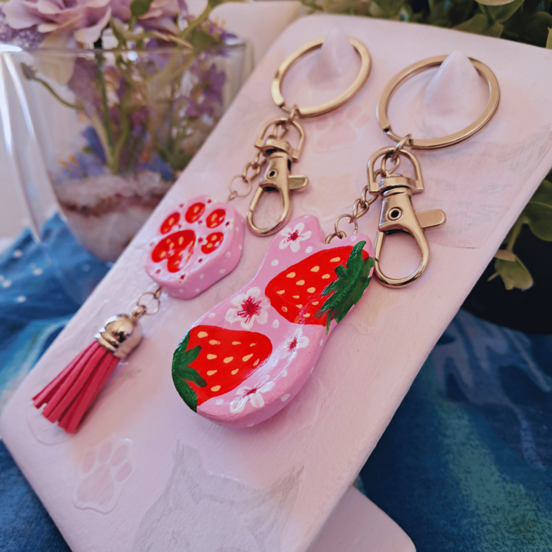 Cat & Paw Matching Set-Pastel Pink-Strawberry-White & Pink Flowers-White Dots
