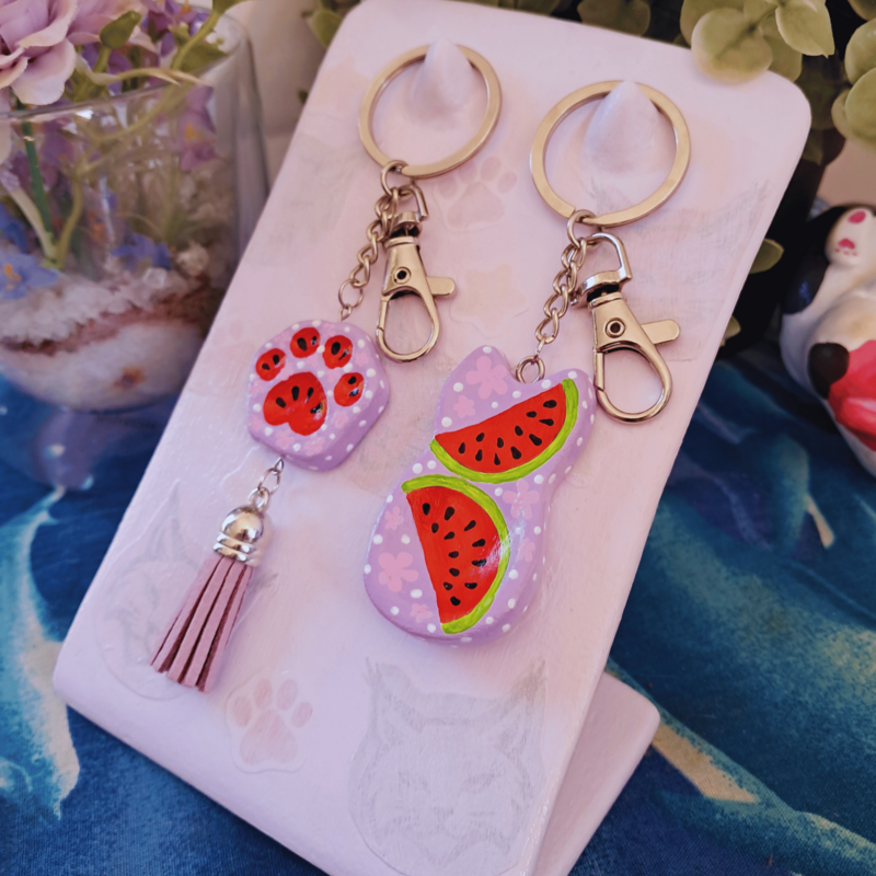 Cat & Paw Matching Set-Pastel Purple-Watermelon-Light Pink Flowers-White Dots